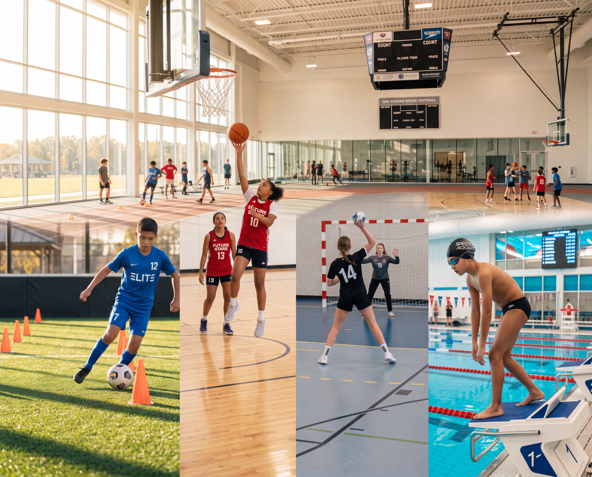 Junge Sportlerinnen und Sportler in verschiedenen Sportarten